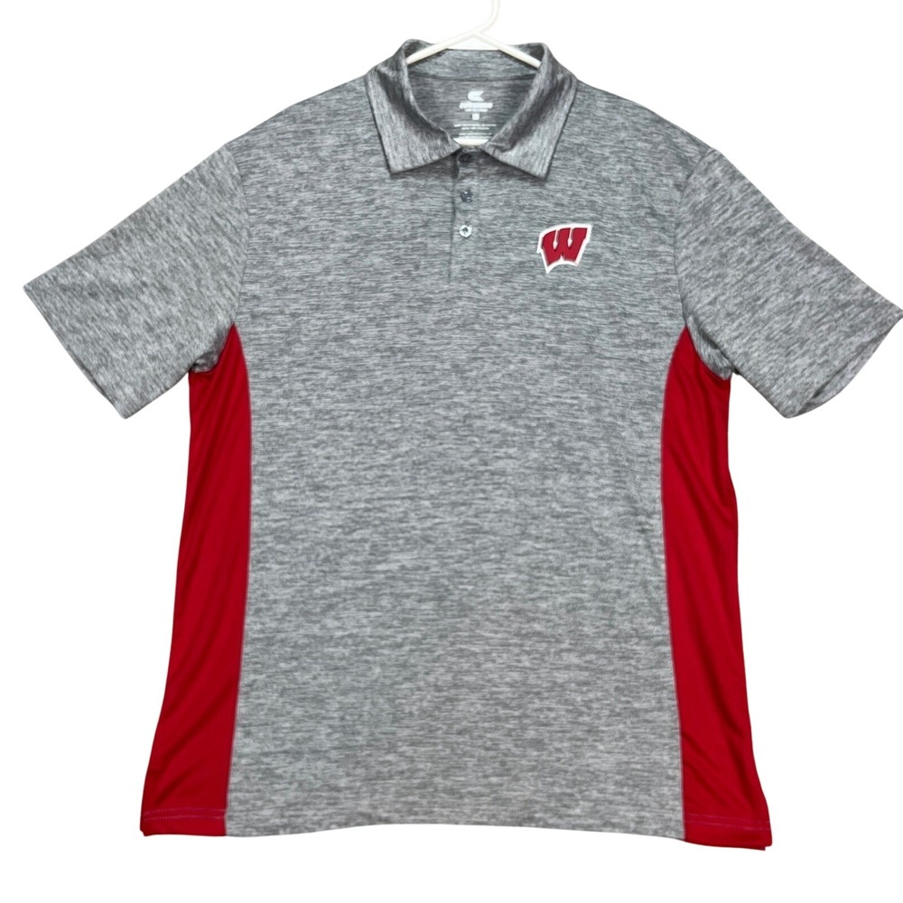 Wisconsin Badgers Colosseum Polo Shirt Men L Gray Red Short Sleeve NCAA Football
